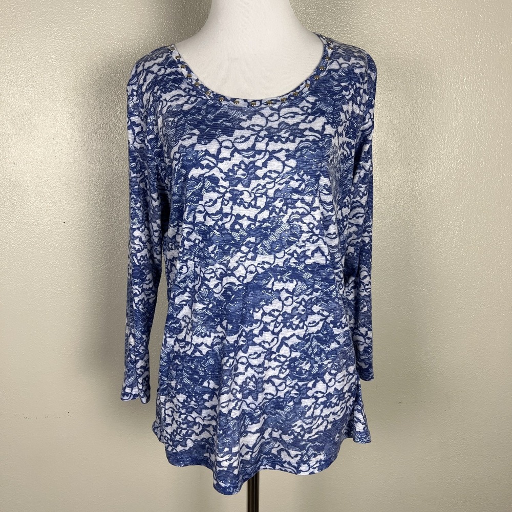 David Cline Top Womens Large Purple Lace‎ Pattern Studded 3/4 Sleeve Lightweight